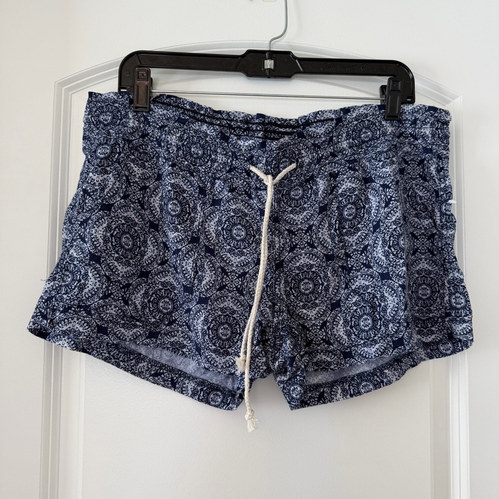 Kiss & Cry Women's Large Linen Blend Beach‎ Shorts Navy And White Boho Geometric - Picture 2 of 9